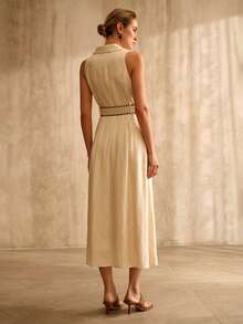 MOTF PREMIUM WOMEN'S TENCEL LINEN A-LINE BELTED DRESS - Khaki - View 3