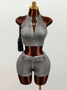 Mistrie Women's Tight Casual Denim Shorts With Corn Callus Buckle Design - Grey - View 8