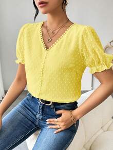 EMERY ROSE Blus Longgar Wanita Kasual Liburan Minimalis Warna Polos Leher V Lengan Kelopak - Kuning - View 6
