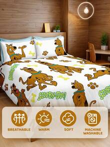 SCOOBY-DOO X SHEIN Set Sprei dan Selimut Motif Anak Anjing Versi Lengkap 3 Potong, Bahan Halus, Lembut dan Hangat, Tersedia Berbagai Ukuran, Cocok untuk Ranjang Single/Double/Queen/King, Dapat Dicuci dengan Mesin - MultiWarna - View 5