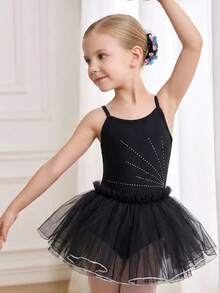 SHEIN Young Girl' Professional Ballet Tutu Dress, Adorable Sleeveless Black Design With Rhinestone Decor, Multi-Layer Soft Mesh And Stretchy Fabric, Cute Fairy Style, Perfect For Ballet Classes And Recitals, Lightweight And Skin-Friendly - Black - View 5