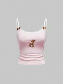 ROMWE J-Fashion Cute Deer Embroidered Lace Blouse Paired With Deer All-Over Print Flare Pants - Pink - View 4