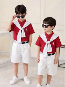 SHEIN Little Byeori Conjunto de 3 piezas para niños pequeños: Camiseta polo de manga corta con cuello rojo, estilo minimalista y casual versátil para uso diario; Chal a rayas blancas; Pantalones cortos blancos y cinturón. Traje multipieza adecuado para interior, exterior, diario, deportes, fiesta, sesión de fotos, vacaciones, boda, baby shower, primavera/verano - Rojo - Ver 5