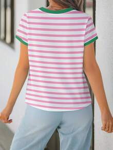 SHEIN LUNE Áo thun nữ dáng rộng cổ tròn tay ngắn, họa tiết sọc nhiều màu sắc, phong cách tối giản, thường ngày, dành cho nữ. - Nhiều màu - Xem 6