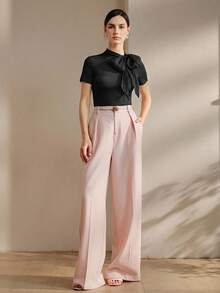 Anewsta 新款春夏优雅时尚休闲外出工作约会派对弹力修身系领短袖女式T恤 - 黑色 - 查看 5