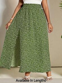 SHEIN PETITE CURVE 大码休闲碎花高开衩半身裙 - 綠色 - 查看 3