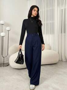 SHEIN Tall 教师装女装灰色褶裥优雅长裤带口袋，秋冬灰色高腰阔腿裤宽松大码裤商务职业女装宽松阔腿裤秋季女装冬季女装外出下装 - 藏蓝色 - 查看 6