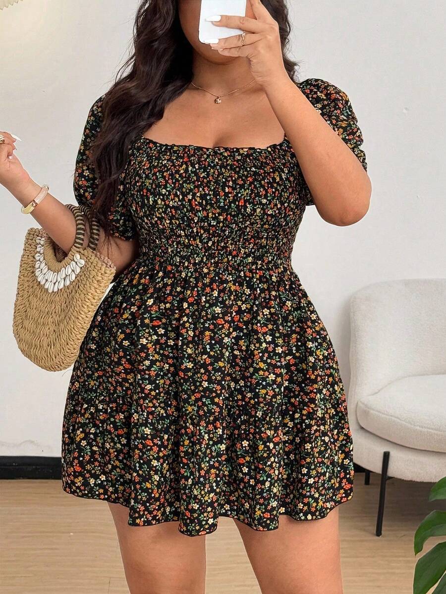 Flirla 大码女式夏季度假风碎花方领花瓣袖收腰中长连衣裙 - 黑色 - 查看 1