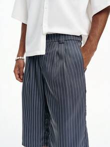 PAVTROS Men's Striped Print Slant Pocket Casual Loose Shorts - Grey - View 7