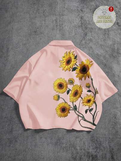 Manfinity ZONE917 Camisa casual de verano con estampado de girasol, corte holgado para hombre