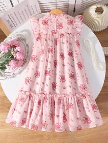 SHEIN Vestido suelto de niña preadolescente con cuello de volantes, mangas de campana y estampado de gasa rosa, elegante y apropiado para verano, vacaciones y viajes - Rosa - Ver 2