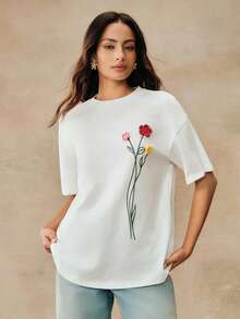 Anewsta Handmade 3D Crochet Floral Loose Dropped Shoulder Unique Design T-Shirt For Women - White - View 3