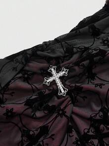 ROMWE Đầm cỡ lớn kiểu Gothic họa tiết ren jacquard hình chữ thập, tay xòe, cổ yếm, màu đen và đỏ tía, tay dài cỡ lớn cho mùa thu/đông, đầm maxi cỡ lớn in hình chữ thập dự tiệc Halloween, đầm cỡ lớn mùa thu/đông. - Nhiều màu - Xem 3