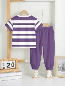 Bubblio 2pcs Baby Boys Casual Loose Sports Set, Includes Striped Print Short Sleeve T-Shirt And Relaxed Fit Pants, Suitable For Spring And Summer - Multicolor - View 4