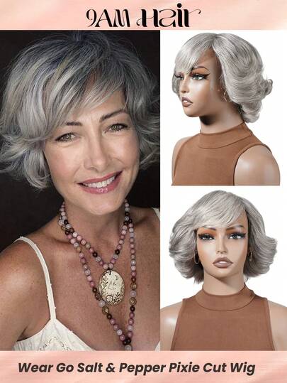 盐胡椒灰短款真人发精灵短假发，侧刘海，无蕾丝，巴西水波纹层次剪裁真人发，机织精灵短假发，适合老年女性，混色灰真人发假发，带刘海，短直层次精灵短发，舒适自然，易于打理，是脱发或头发稀疏女性的理想选择，方便日常佩戴、角色扮演、派对、音乐节和圣诞派对等场合。