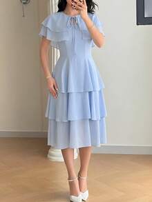 Modelyn Vestido elegante y romántico con cuello de volantes para mujeres - Celeste - Ver 2