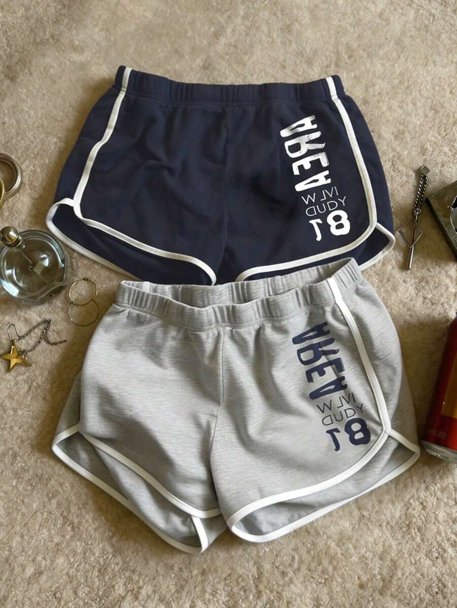 Glimmora 两件套女士字母印花休闲撞色短裤套装，舒适日常及户外穿着 - 彩色 - 查看 1