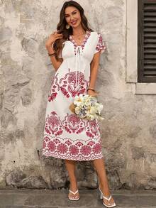 Ellevyn 女士新款优雅V领印花度假连衣裙，带口袋，适合海滩、毕业典礼、节日、夏季等场合，也可作为乡村风格服装、夏季连衣裙、休闲连衣裙、度假装、红色刺绣连衣裙、野餐连衣裙、母亲节礼物、A字连衣裙，适合节日、海滩约会、夏季休闲连衣裙、沙滩连衣裙、罩衫等场合。 - 彩色 - 查看 4