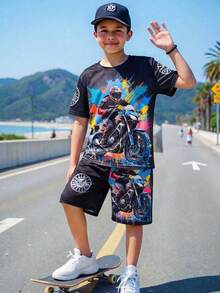 SHEIN 2件套男童休闲简约经典酷炫摩托车赛车元素印花短袖圆领T恤和短裤套装，适合夏季、赛车活动、摩托车运动和休闲活动 - 黑色 - 查看 5