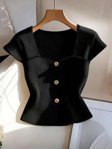 GlowEve CURVE Plus Size Women Solid Color Button Casual Versatile Commute T-Shirt - Black - View 1