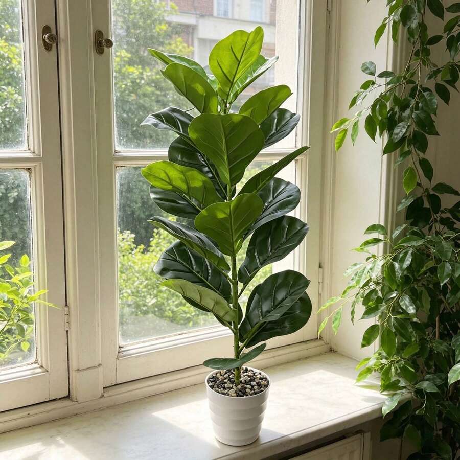 1PC Artificial Small Fiddle Leaf Fig Tree (Pot Not Included), Lifelike Tropical Ficus Violin Leaf Artificial Plant, Perfect For Home, Office, Balcony, Garden, Wedding, Party And Holiday Decor - Multicolor - View 1