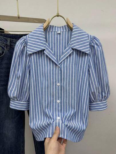 SHEIN Blusas para niñas preadolescentes con rayas azules y blancas, cuello, mangas de farol sueltas, estilo casual y dulce para primavera, verano y otoño