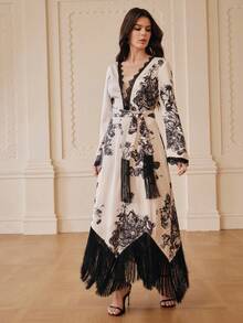 ZEYLAH 优雅V领收腰印花连衣裙，流苏下摆，春夏款 - 杏色 - 查看 5