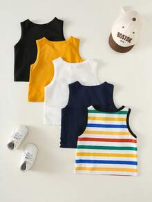 SHEIN 5pcs/Set Unisex Baby Boy Casual Cute Colorblock Striped Knit Tank Top Set, Baby Boy Summer Clothes, Tops - Navy Blue - View 2