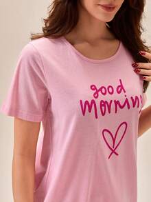 Loomlin Ensemble de pyjama décontracté d'été en 100% coton pour femmes, composé d'un t-shirt de nuit à manches courtes avec motif "Good Morning" et cœur, et d'un short de nuit à taille élastique confortable et décontracté - Rose bonbon - Voir 6