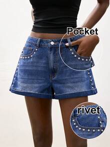 Maija Quần short denim nữ mùa hè kiểu dáng thường ngày, đính đinh tán. - Màu xanh lam - Xem 3