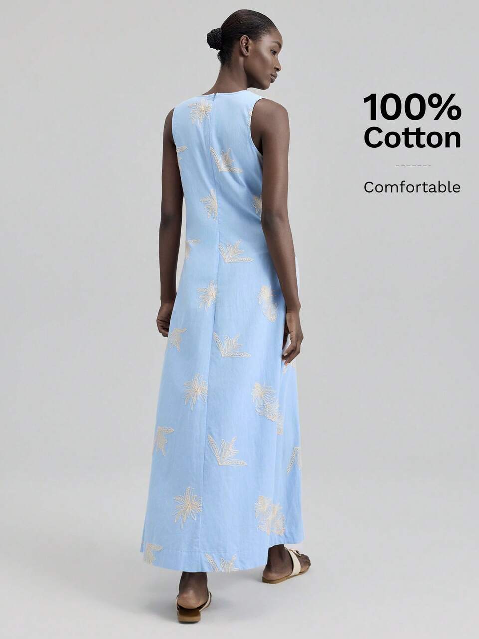 Light Blue Floral Women's Extra Long Dress,Summer Casual Tropical Sleeveless V-Neck Garden Party Vacation Holiday,Bohemian A-Line Resort Beach Wear