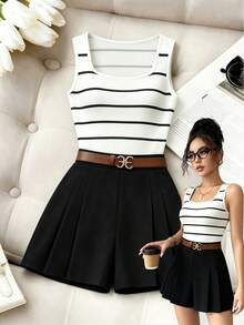 Elenzga Women's Striped Versatile Tank Top And Fashionable Pleated Shorts 2 Pieces Set, Suitable For Commuting - Black and White - View 1