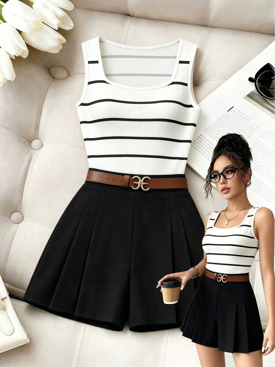Elenzga Women's Striped Versatile Tank Top And Fashionable Pleated Shorts 2 Pieces Set, Suitable For Commuting - Black and White - View 1