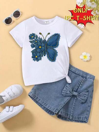 Camiseta de manga corta con cuello redondo y estampado de mariposas y flores, versátil para el verano, para niña