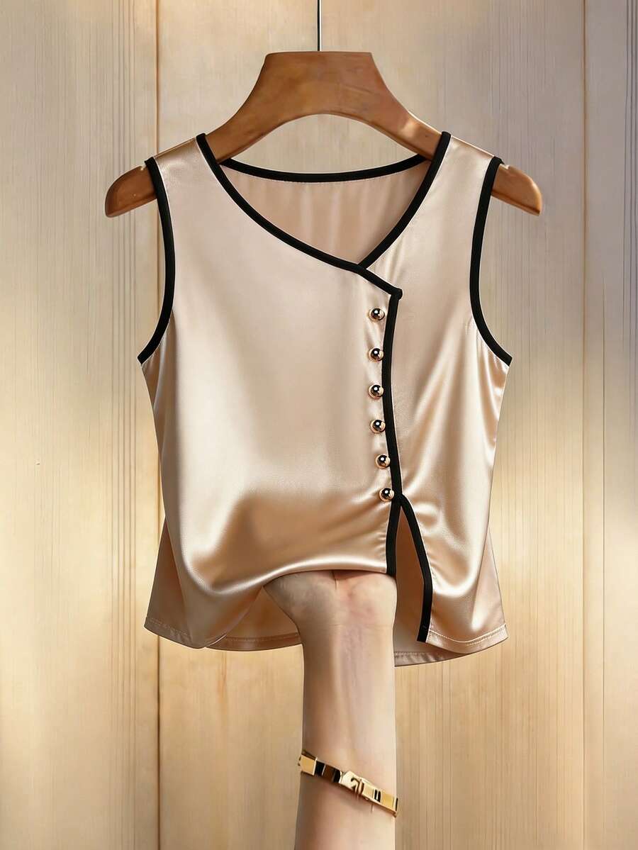 Franclia Áo tank top cổ lệch, cài nút, phối nhiều mảnh - Rượu sâm banh - Xem 1