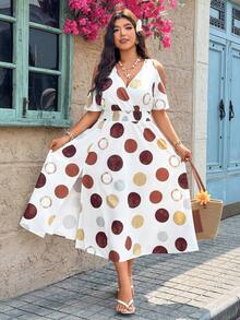 Breezaya White And Gold Summer Boho Vacation Women Off-Shoulder Split Dress Beach Resort Criss-Cross V-Neck Elastic Cinched Waist Geometric Circle Print Dress - Multicolor - View 3