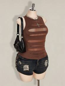 SHEIN ICON 大码女式Y2K透视做旧性感吊带背心 - 棕色 - 查看 7