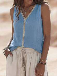 EMERY ROSE V领休闲舒适度假乡村休闲柔软质地女式背心 - 淺藍色 - 查看 4