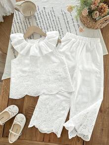 LMoss Kids 2pcs Young Girl Woven Solid Color Embroidered Ruffle Collar Camisole And Long Pants Set - White - View 7