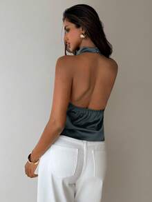 Aloruh Nueva blusa elegante de color, sexy, con escote halter y espalda descubierta, ideal para fiestas, ir a la oficina o de vacaciones - Neblina azul - Ver 2