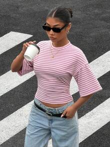 Muchica Áo thun dệt kim tay ngắn cổ tròn in sọc hồng, kiểu dáng thường ngày, dành cho nữ, thích hợp cho mùa hè. - Nhiều màu - Xem 7
