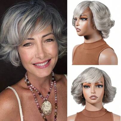 Tóc giả ngắn kiểu pixie màu xám muối tiêu, có mái xéo, không ren, tóc giả sóng thân Brazil, cắt lớp, làm bằng máy, dành cho phụ nữ lớn tuổi, tóc giả màu xám pha trộn, tóc giả ngắn thẳng, cắt lớp, thoải mái và tự nhiên - dễ bảo quản, lý tưởng cho phụ nữ bị hói hoặc tóc mỏng, dễ đeo hàng ngày, cosplay, dự tiệc, lễ hội âm nhạc và tiệc Giáng sinh.