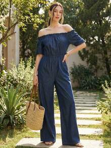 DAZY Women's Elegant Solid Color Washed Off Shoulder Ruffle Hem Denim Jumpsuit, Spring/Summer - Medium Wash - View 6