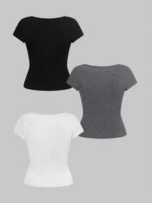 ROMWE Minimalist All-Match Versatile Crew Neck Tight Fit 3-Piece Set T-Shirt - Multicolor - View 2