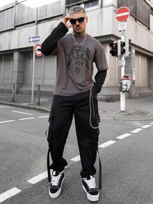 Artur Kramer 男士链条细节翻盖口袋侧工装裤，长款工装裤黑色裤子，适合送给老公、男朋友的礼物，秋季 - 黑色 - 查看 1