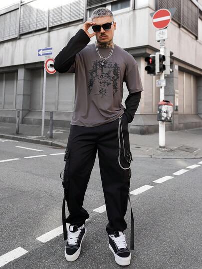 Artur Kramer 男士链条细节翻盖口袋侧工装裤，长款工装裤黑色裤子，适合送给老公、男朋友的礼物，秋季