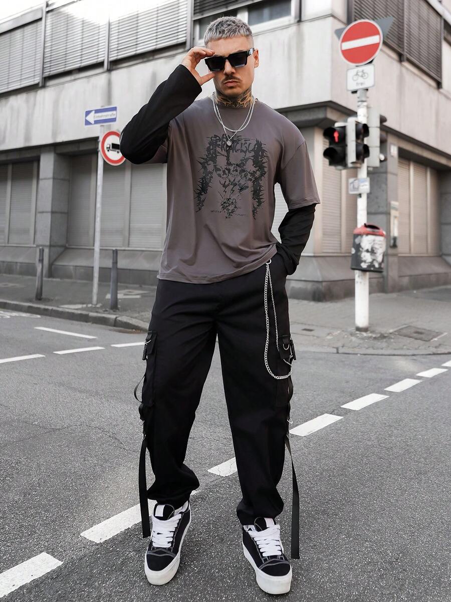 Artur Kramer 男士链条细节翻盖口袋侧工装裤，长款工装裤黑色裤子，适合送给老公、男朋友的礼物，秋季 - 黑色 - 查看 1