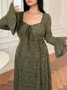 SHEIN PETITE CURVE 大码娇小款方领收腰A字蕾丝连衣裙 - 軍綠色 - 查看 4