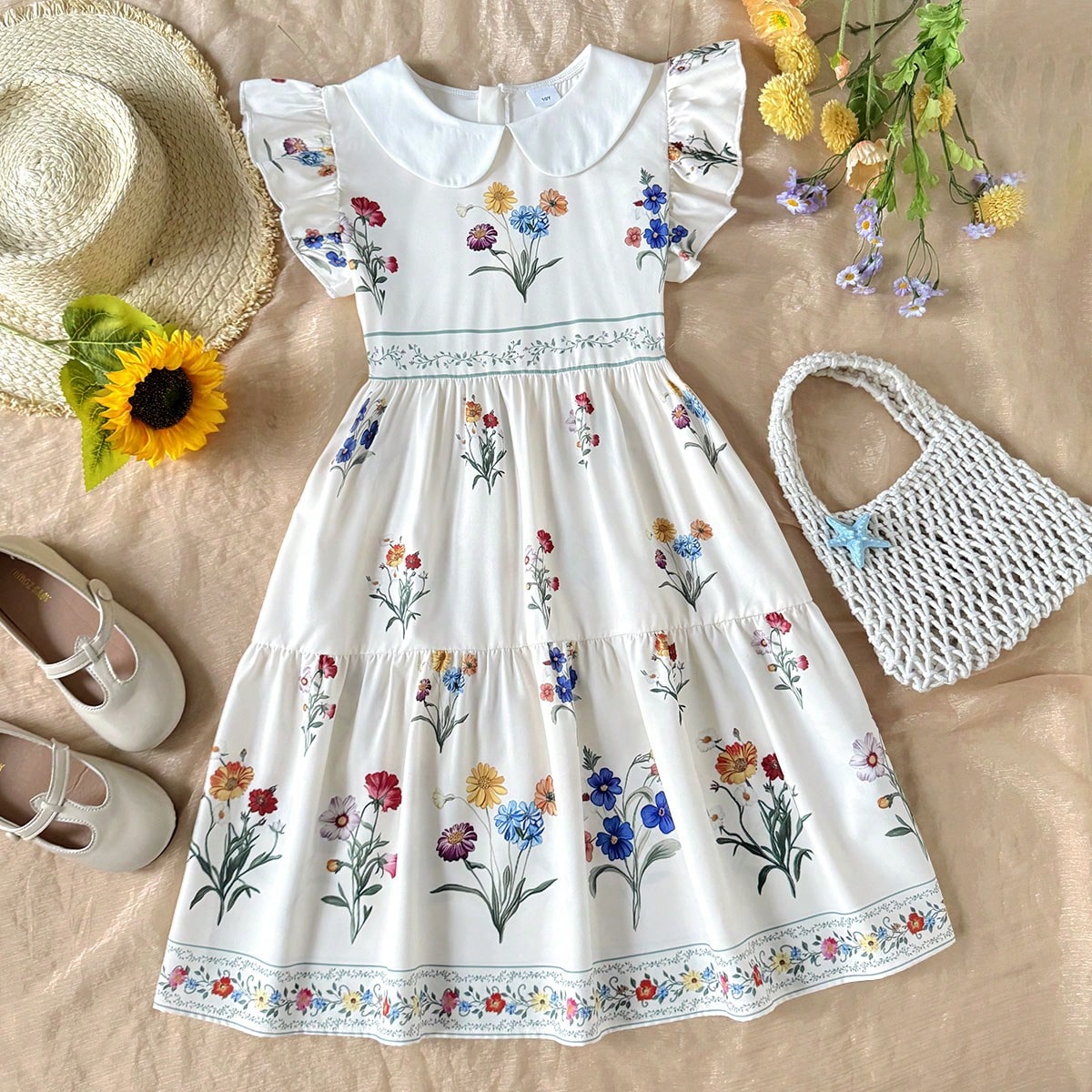 Vestido midi de niña preadolescente de primavera/verano casual de vacaciones, elegante con estampado floral, cuello de muñeca, manga acampanada, fru