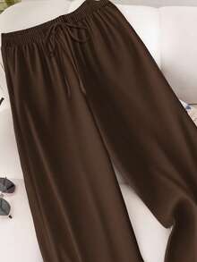CosyJoli Plus Size Women Solid Color Tie Waist Pocket Loose Casual Pants - Brown - View 6